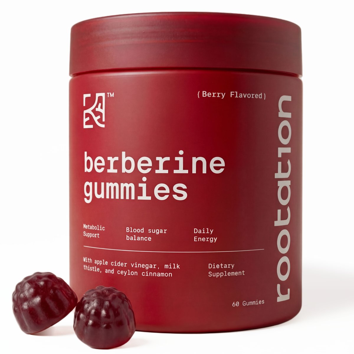 Rootation Berberine HCL 500mg Gummies bottle, 60 count, zero sugar, vegan, non-GMO